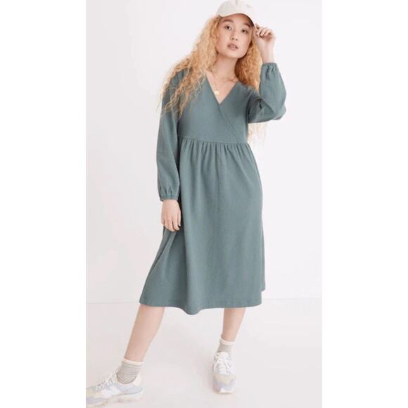 MADEWELL Womens Large Long Sleeve V-Neck Crossover MIDI Dress In Faded Shale - Picture 1 of 10